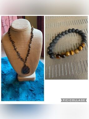 Tiger’s Eye Necklace & NWOT Lava Stone Bracelet Set Boho Crystal Healing Bundle